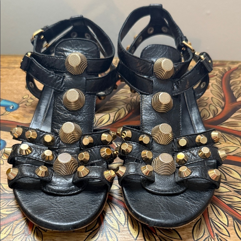 Balenciaga Black and Gold Studded Women's Sandals